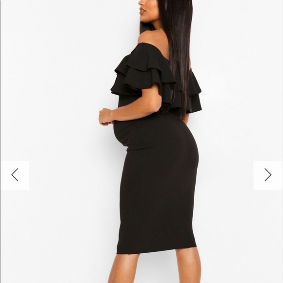 Two MATERNITY RUFFLE OFF THE SHOULDER MIDI DRESSes. One black one blue - Picture 2 of 4